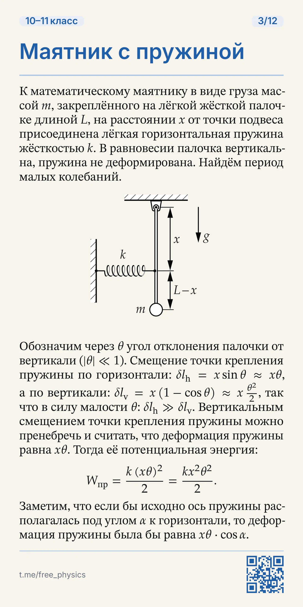 Маятник с горизонтальной пружиной: геометрия деформации пружины при малом отклонении